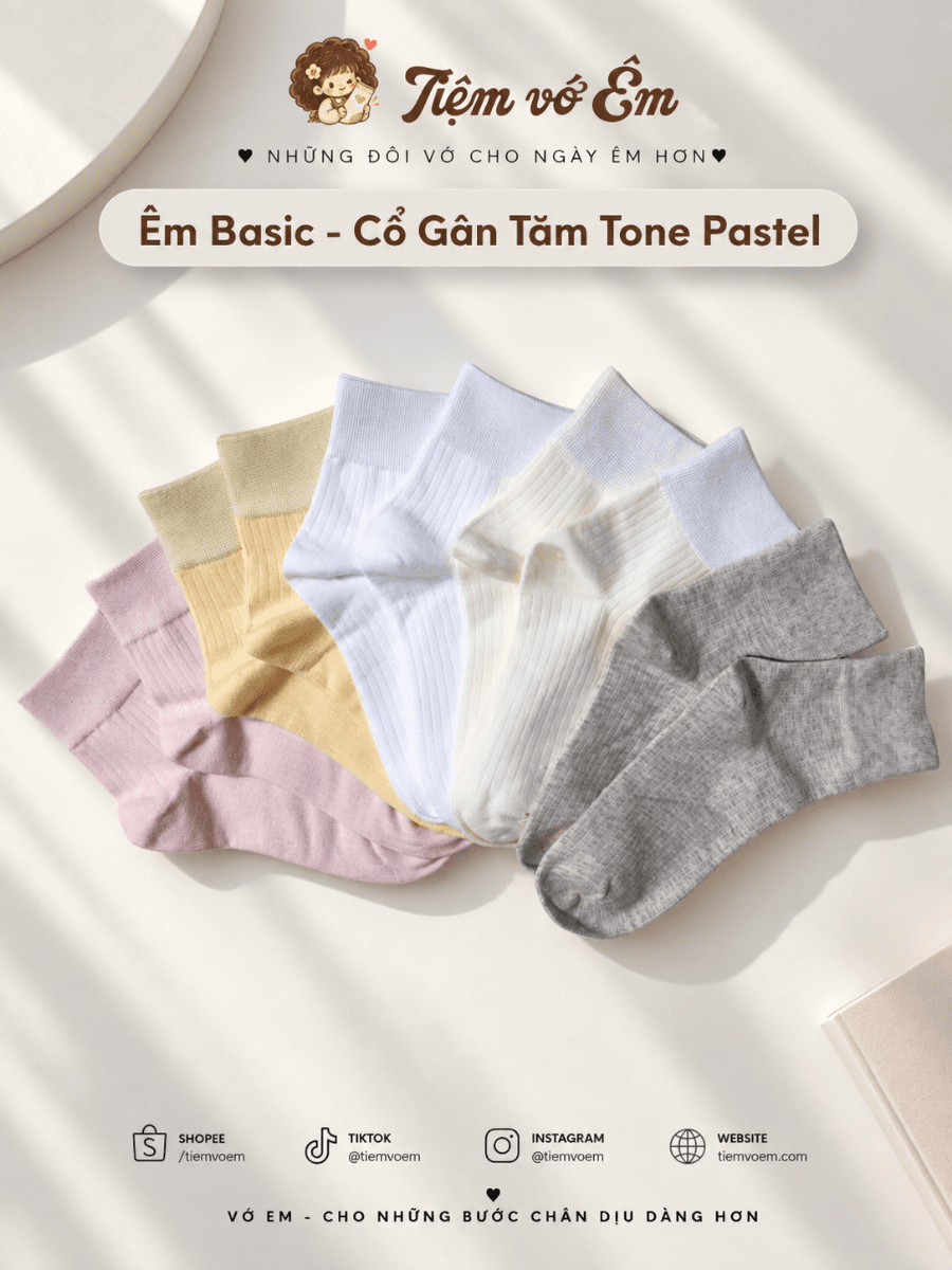 Vớ Cổ Ngắn Nữ Cotton Gân Tăm Tone Pastel Hàn Quốc