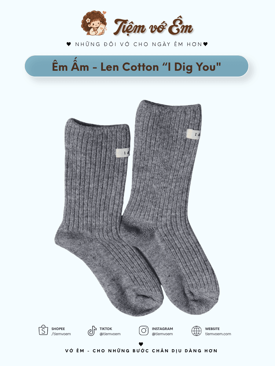 Vớ Cổ Trung Nữ Len Cotton Gân Tăm Đính Nhãn Vải Minimalist Hàn Quốc