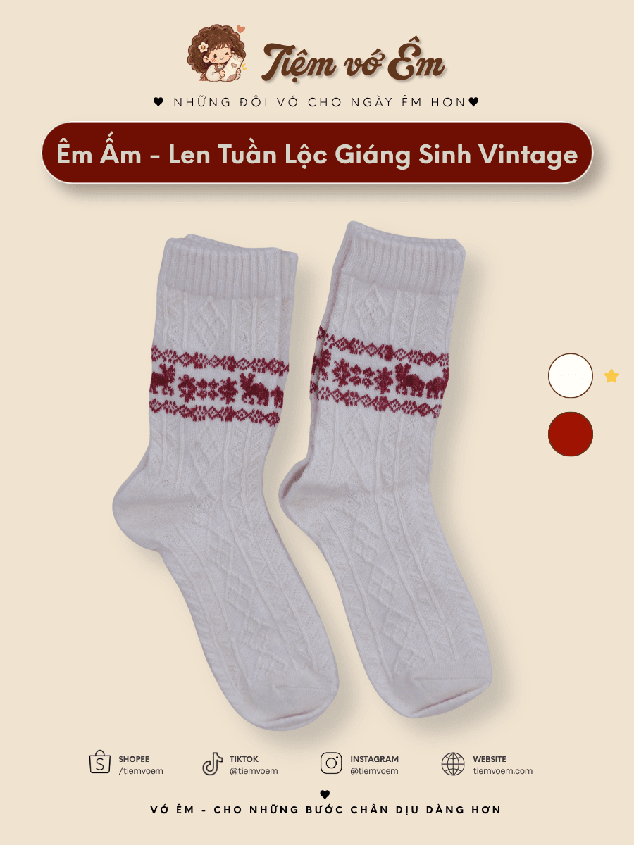 🎄 Vớ Cổ Trung Len Giữ Nhiệt Họa Tiết Tuần Lộc Giáng Sinh Vintage