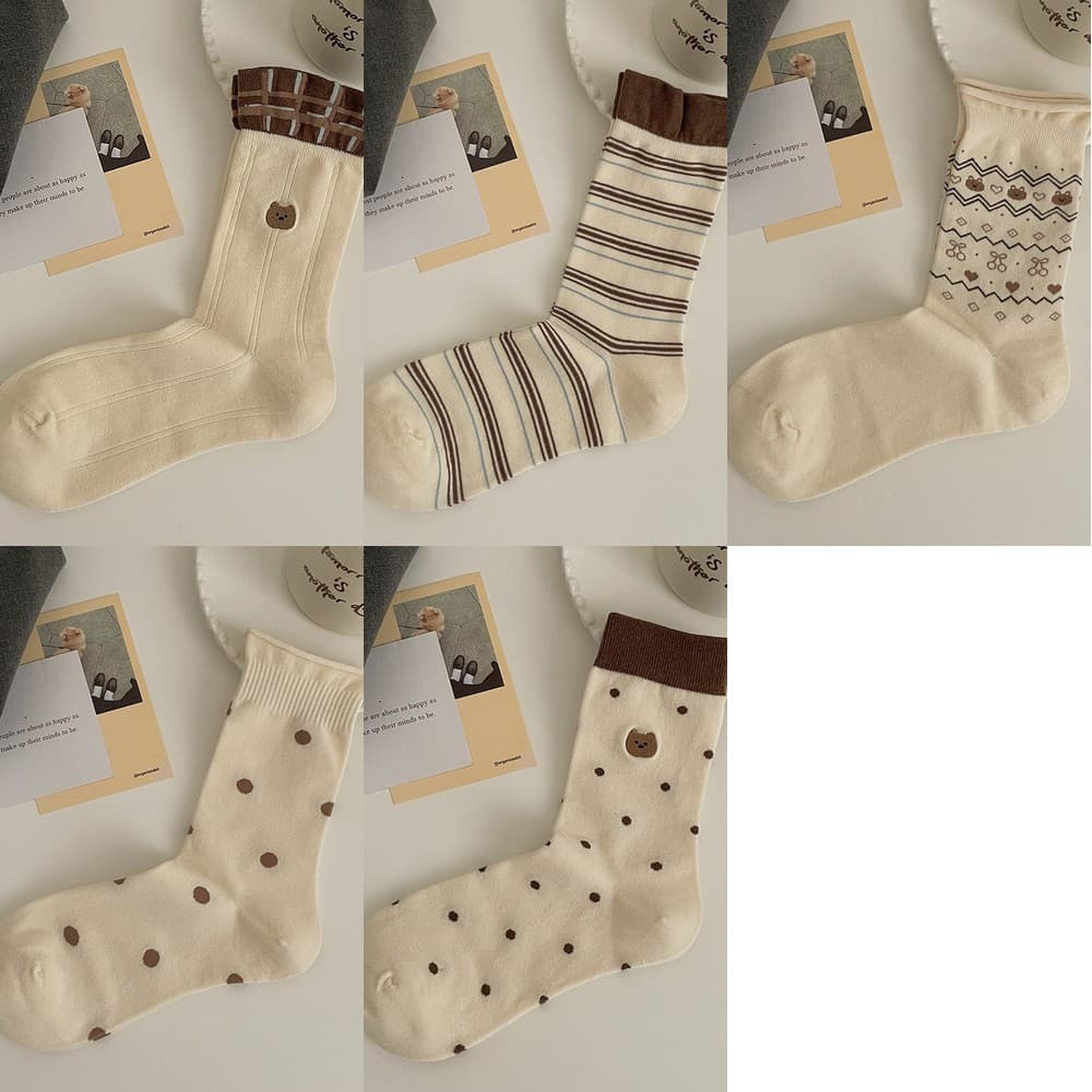 Vớ Cổ Trung Nữ Thêu Gấu Nâu Dễ Thương - Tất Cotton Họa Tiết Chấm Bi Sọc Ngang Vintage