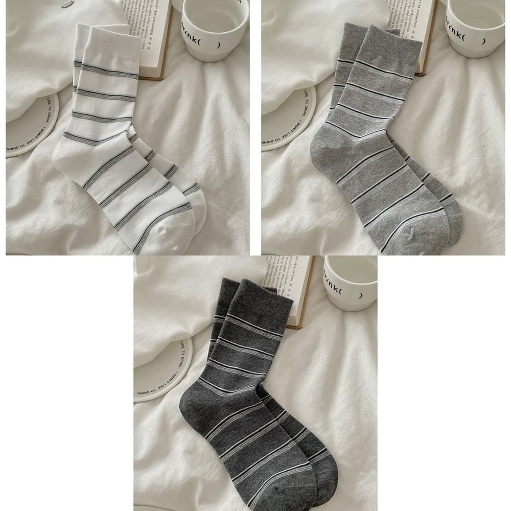 Vớ Cổ Trung Nữ Kẻ Sọc Ngang Mảnh Basic - Tất Cotton Mỏng Thoáng Mát Phong Cách Hàn Quốc