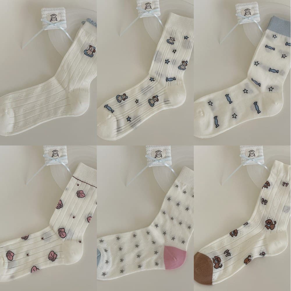 Vớ Cổ Trung Nữ Họa Tiết Chú Chó Kẹo Ngôi Sao Dễ Thương - Tất Cotton Dệt Lỗ Phong Cách Nhật Bản