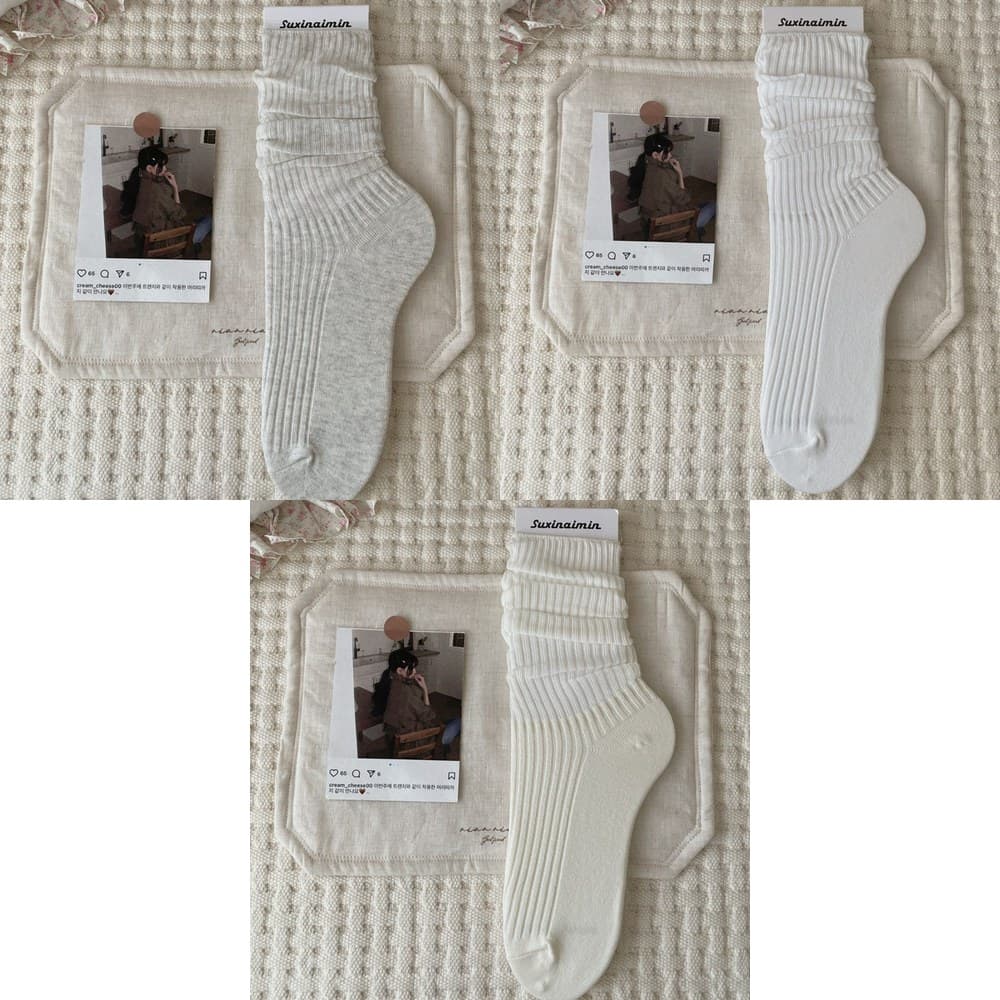 Vớ Dài Nữ Dệt Gân Nhún Chồng Basic - Tất Cotton Trơn Phong Cách Nhật Bản