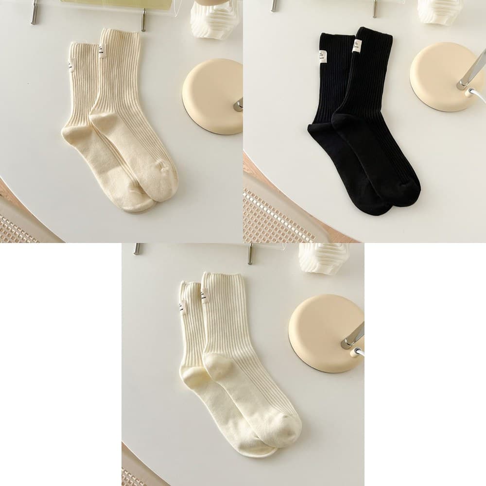 Vớ Cổ Trung Nữ Dệt Gân Đính Nhãn Vải Gót Basic - Tất Cotton Nhún Phong Cách Nhật Bản