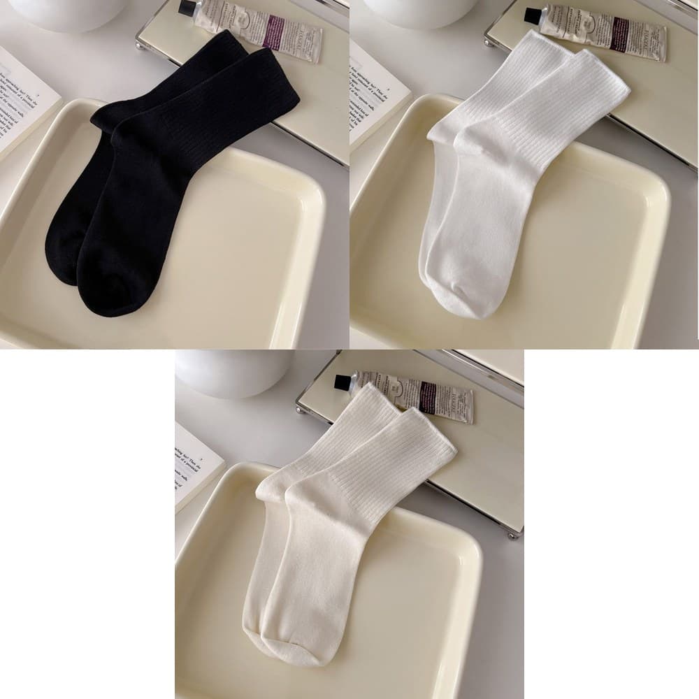 Vớ Cổ Trung Nữ Trơn Dệt Gân Nhún Basic - Tất Cotton Mềm Mại Phong Cách Nhật Bản Hàn Quốc