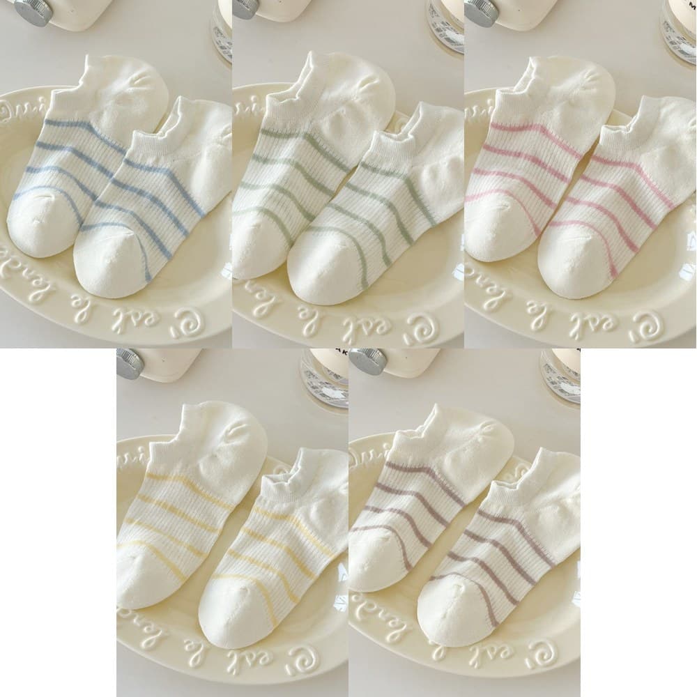 Vớ Lười Cổ Thấp Nữ Kẻ Sọc Ngang Mảnh Pastel - Tất Cotton Mỏng Thoáng Mát Phong Cách Hàn Quốc